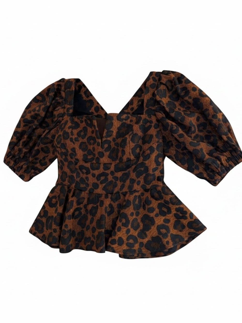 Autumn Adeigbo Leopard Jacquard Puff Sleeve Peplum Top Size 2